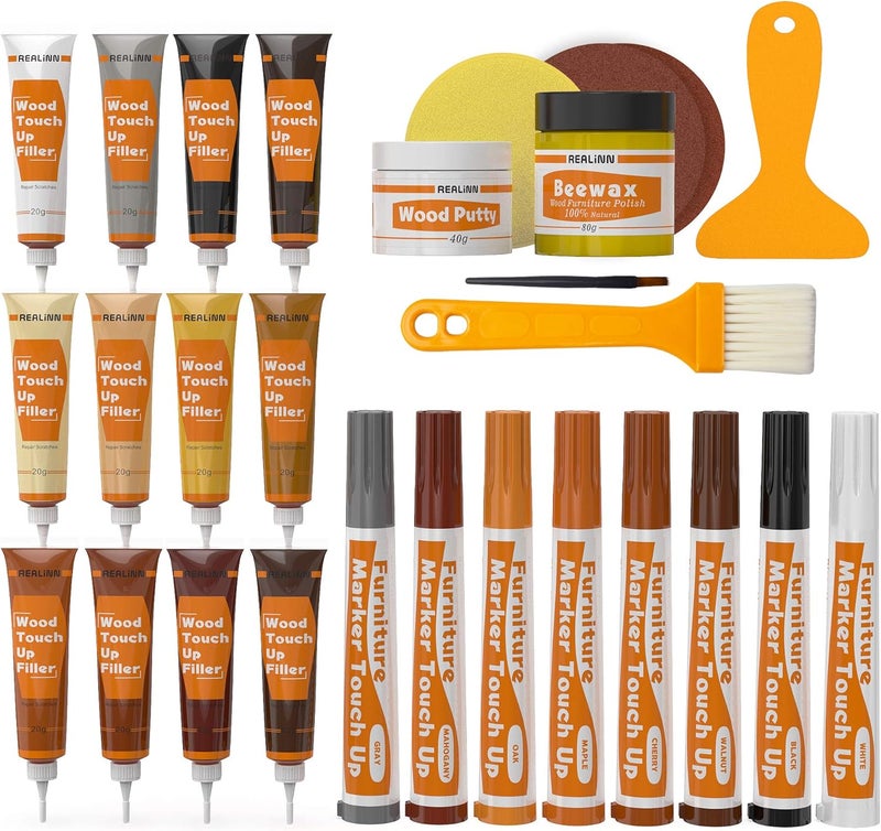 REALINN Wood Furniture Repair Kit- Set of 28 - Touch Up Markers, Fillers with Wood Putty - Repair Scratch, Cracks, Hole, Discoloration for Wooden Door, Floor, Table, Cabinet - Image 1